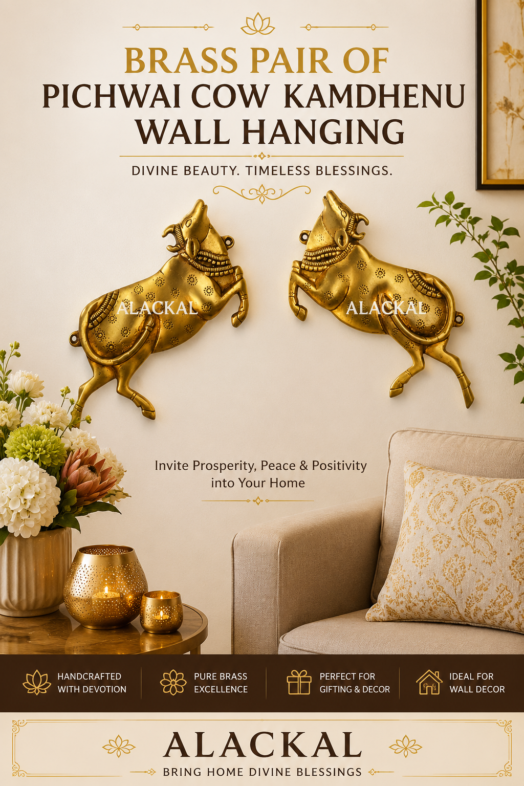 Handcrafted pure brass pair of Pichwai Cow Kamdhenu wall hanging décor set with intricate traditional Indian detailing on white background