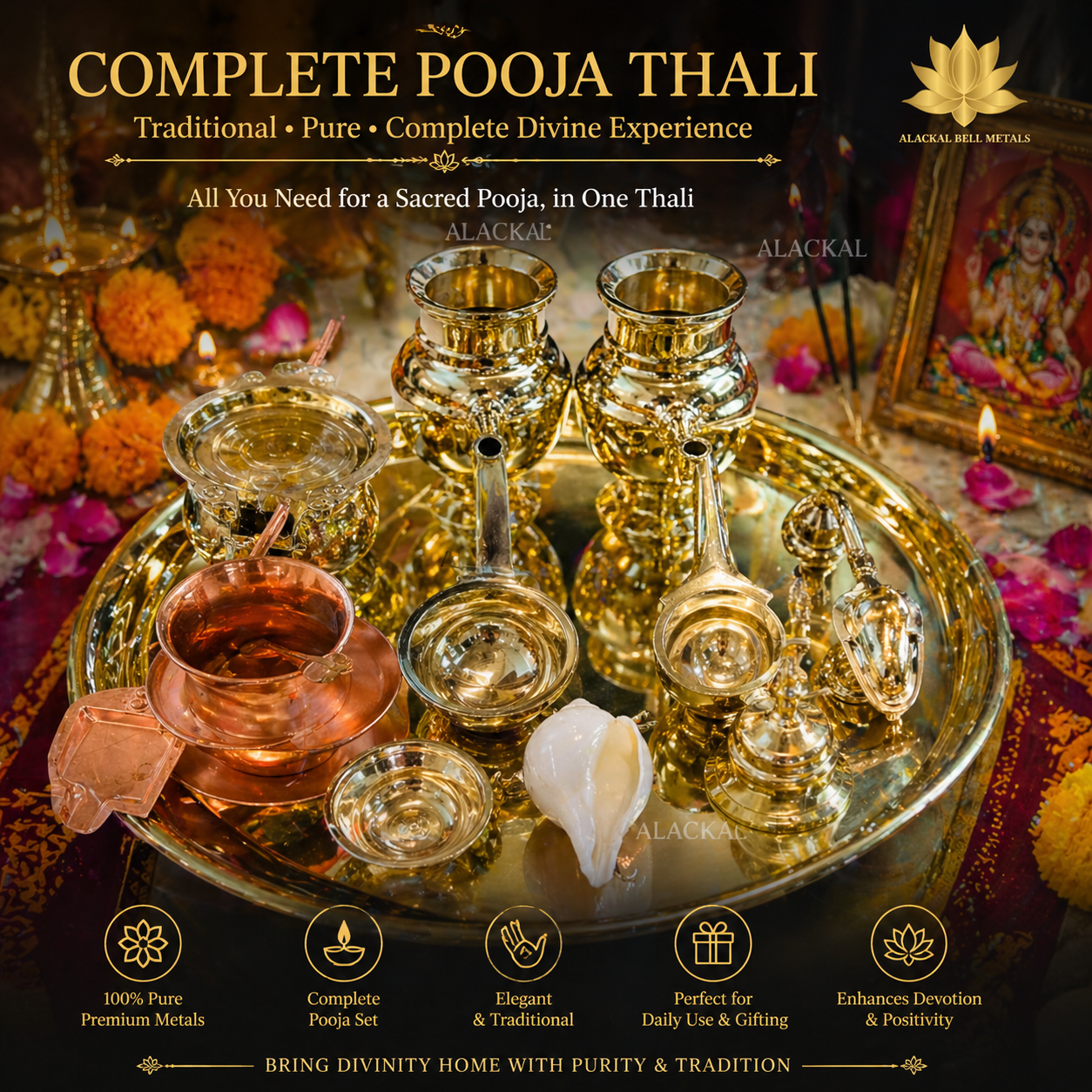 Complete brass pooja thali set with diya, kalash, spoon, conch and ritual items for Hindu pooja rituals by Alackal Bell Metals