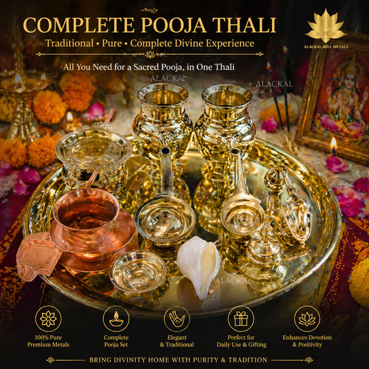 Complete brass pooja thali set with diya, kalash, spoon, conch and ritual items for Hindu pooja rituals by Alackal Bell Metals