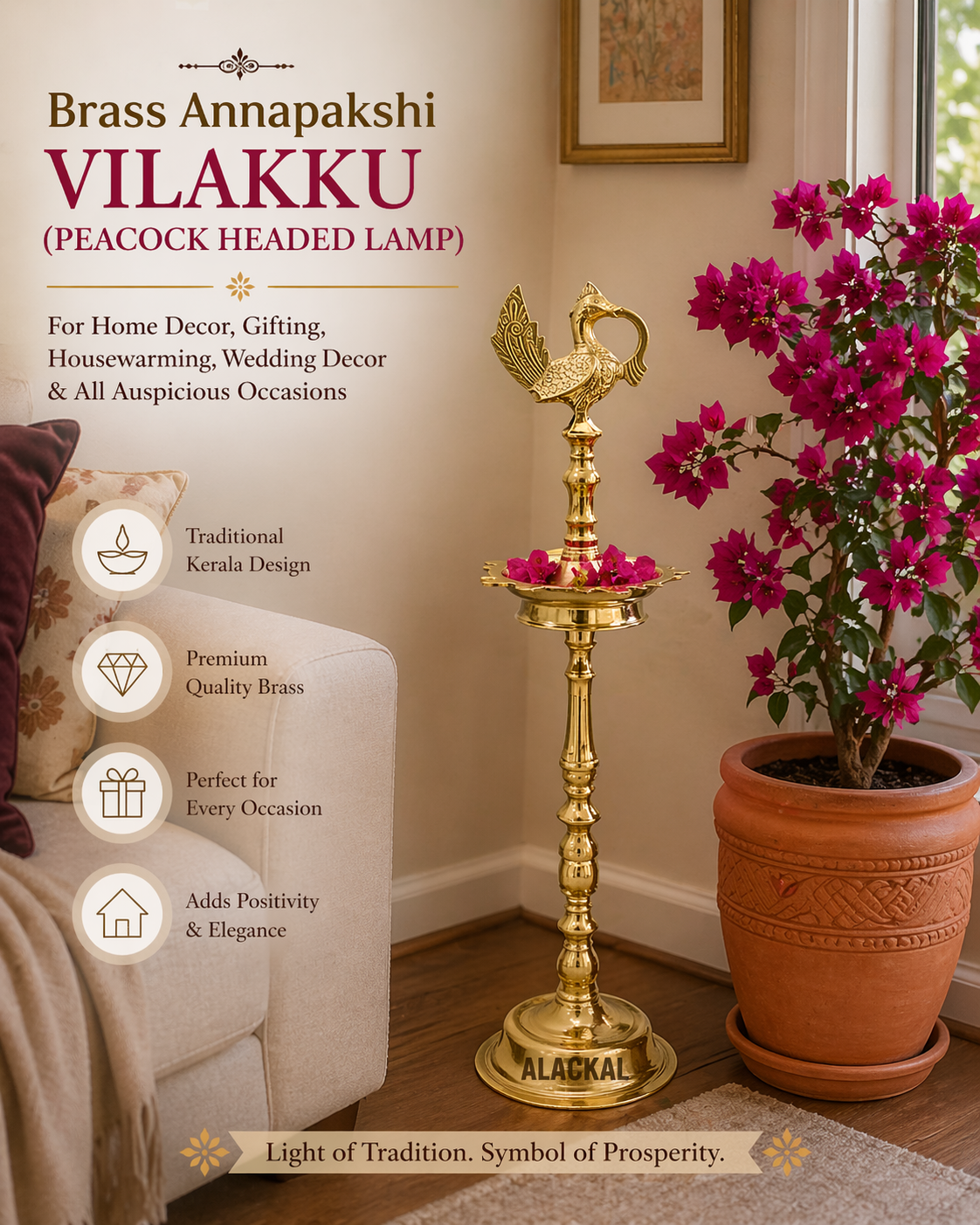 ALACKAL BELL METALS - BRASS ANNAPAKSHI LAMP - PEACOCK HEADED LAMP HOME DECOR, HOME STYLING USA , NEW JERSEY, NEW YORK 