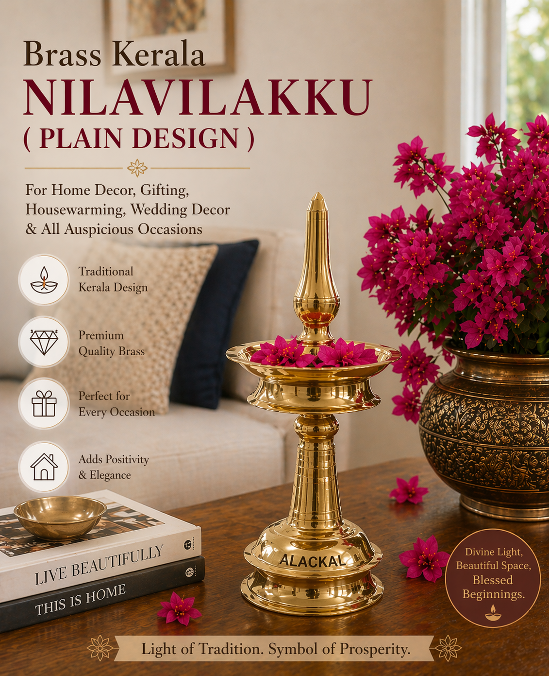 ALACKAL BELL METALS - BRASS KERALA NILAVILAKKU FOR HOME DECOR -  PLAIN DESIGN, USA