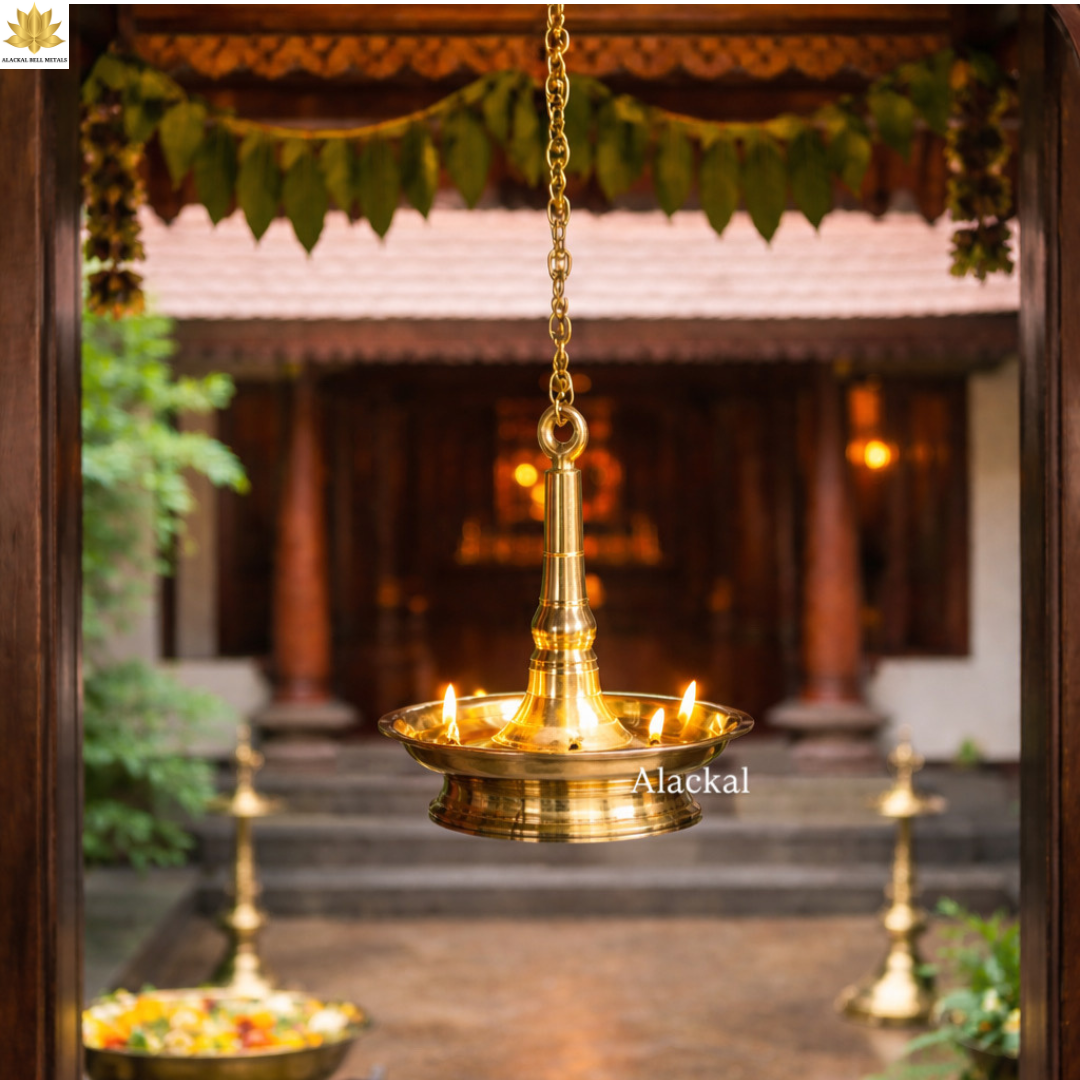 Handcrafted brass hanging lamp with chain for temple pooja