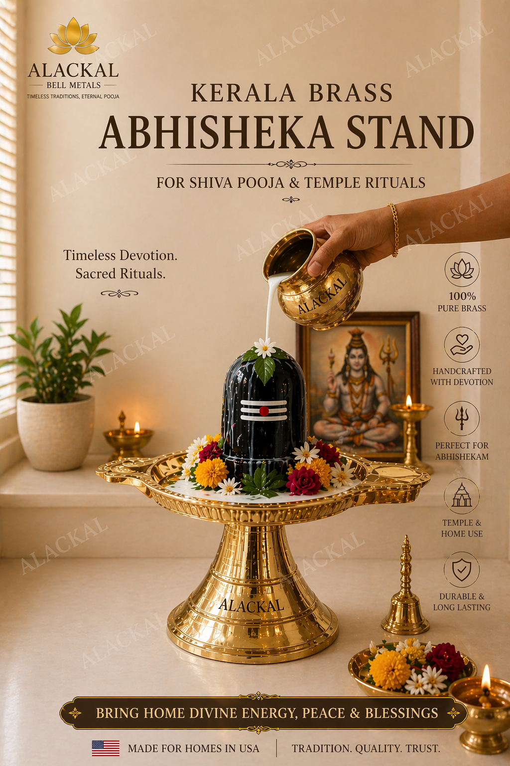 ALACKAL BELL METALS MANNAR - BRASS ABHISHEKA STAND  INDIA, USA
