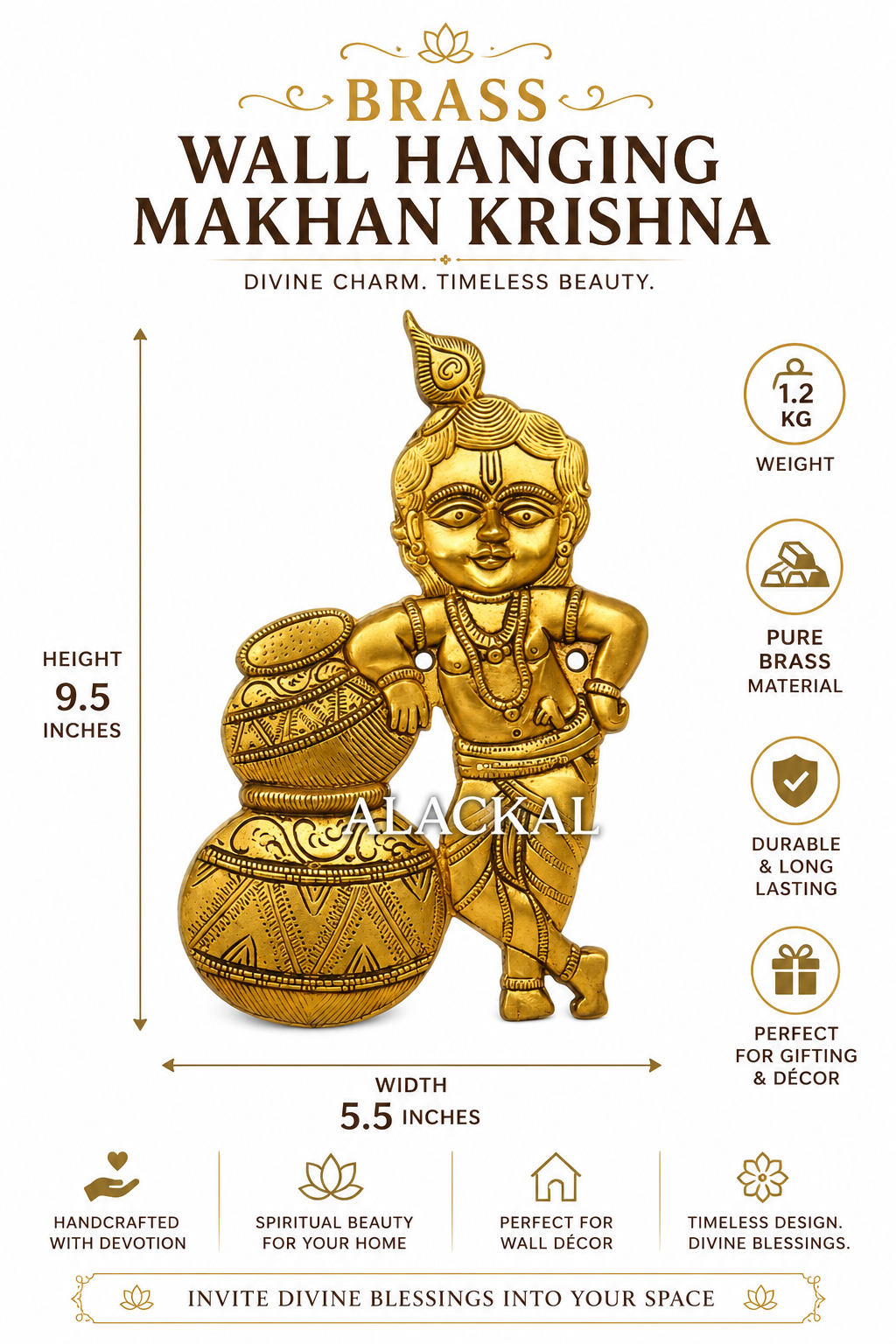 Handcrafted pure brass wall hanging Makhan Krishna idol with butter pot design on white background showing dimensions 9.5 inches height, 5.5 inches width, and 1.2 kg weight, USA
 
