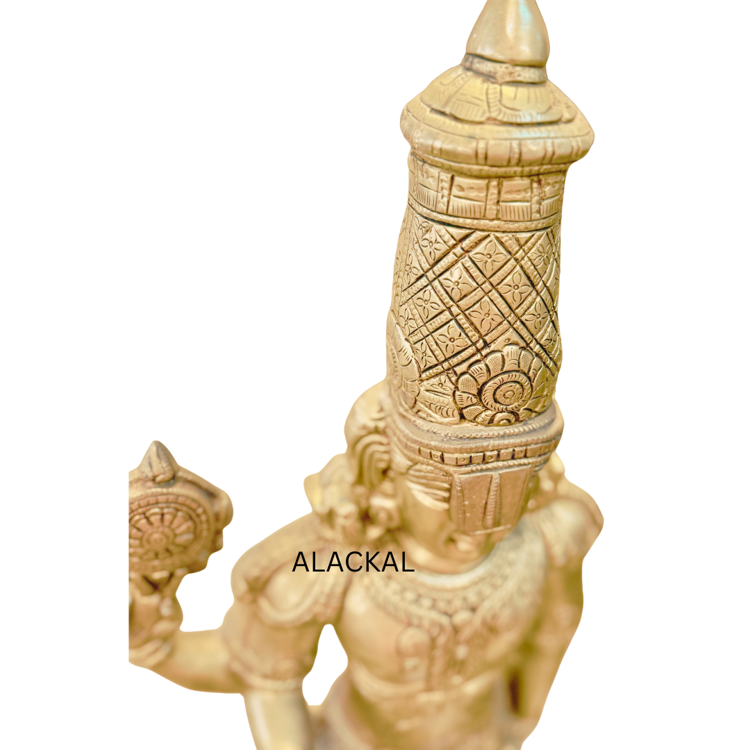 Traditional 3 feet Brass Balaji idol handcrafted in India displayed in a beautiful home temple with floral décor and oil lamps
