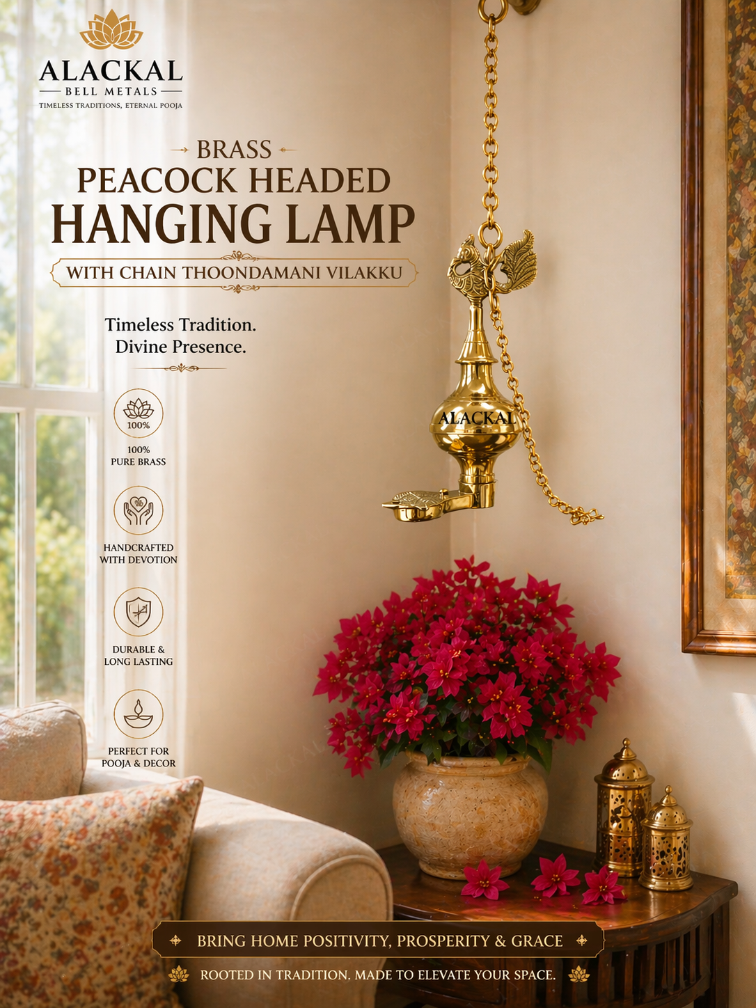 ALACKAL BELL METALS MANNAR - BRASS HANGING LMAP WITH PEACOCK HEAD THOONDAMANI VILAKKU 