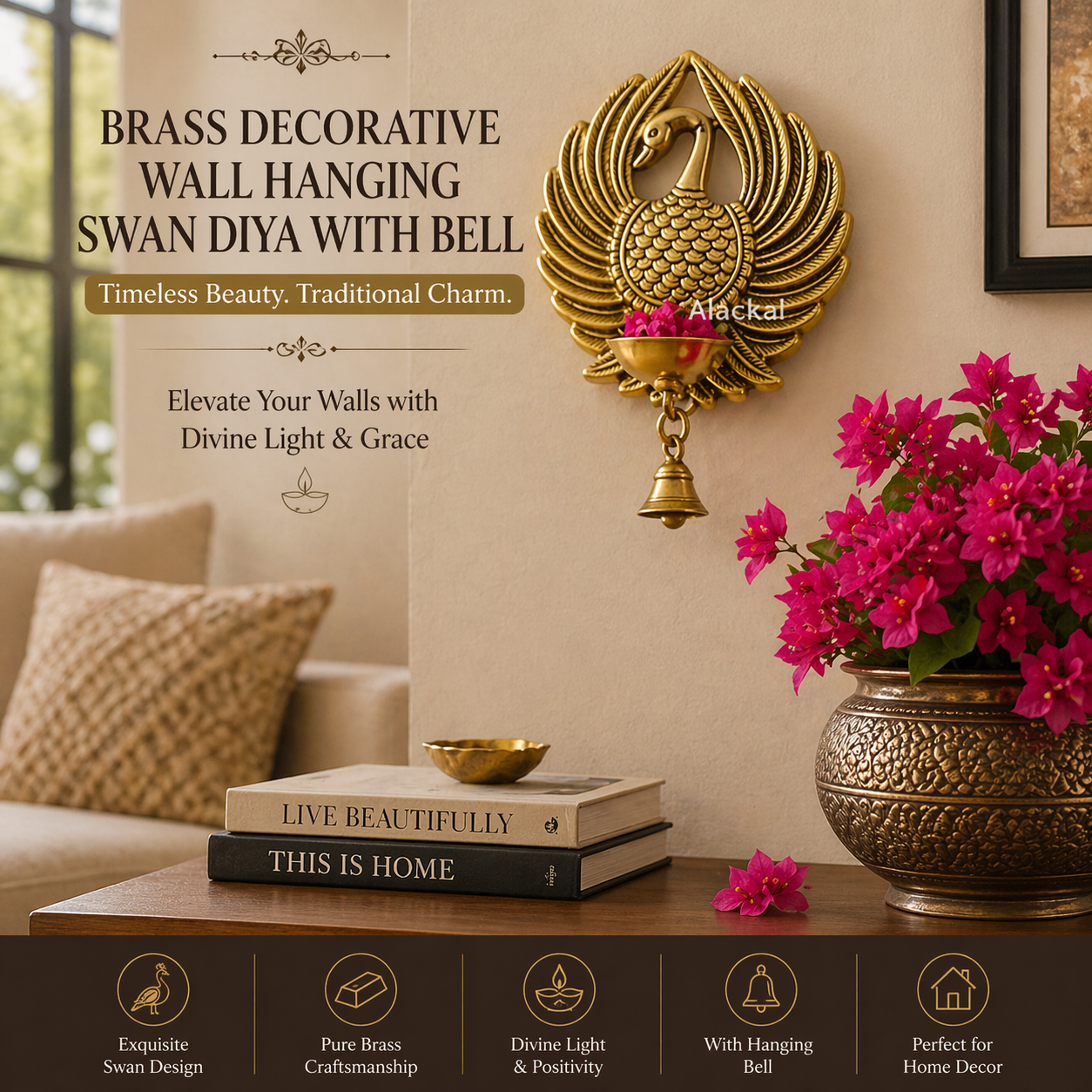 ALACKAL BELL METALS MANNAR - BRASS SWAN WALL HANGING DIYA WITH BELL  USA