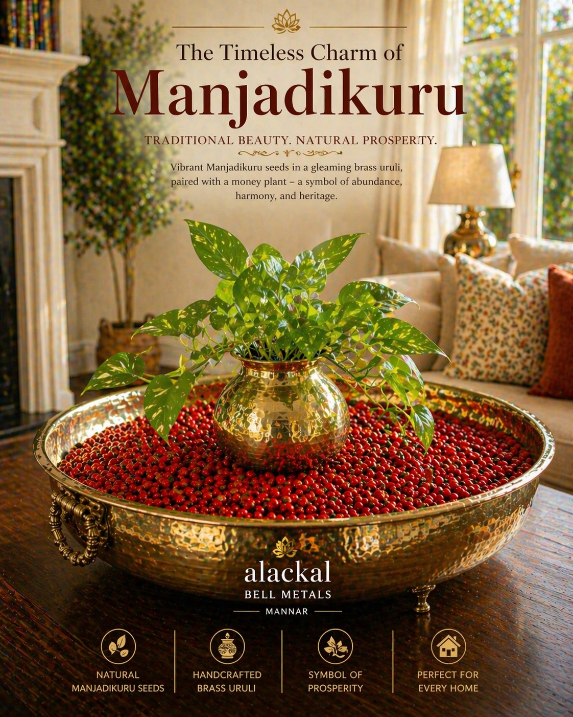 Bright red Manjadikuru seeds arranged in brass uruli bowl with pothos plant – Kerala traditional decor by Alackal Bell Metals Mannar