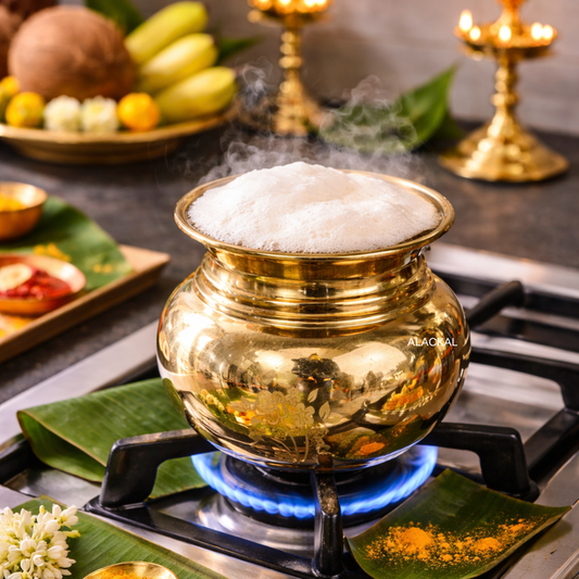Traditional brass milk boiling pot used during housewarming ceremony to boil milk for prosperity rituals.