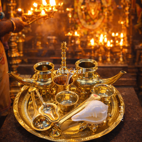 Handmade brass temple pooja set from Mannar Kerala by Alackal Bell Metals used for traditional Hindu temple rituals