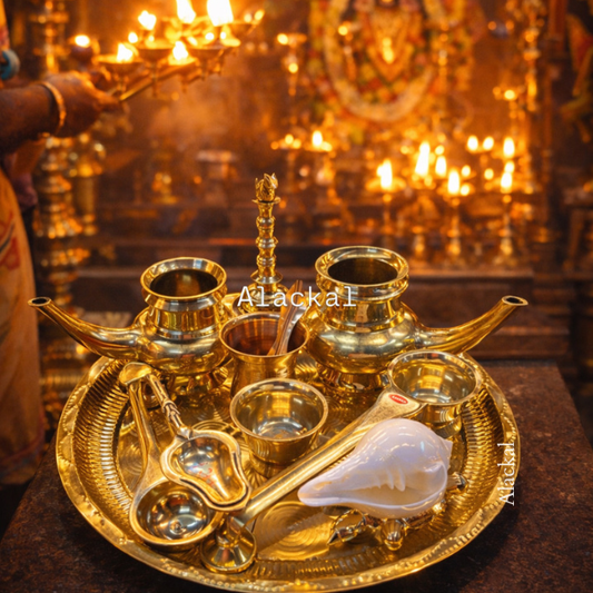 Handmade brass temple pooja set from Mannar Kerala by Alackal Bell Metals used for traditional Hindu temple rituals