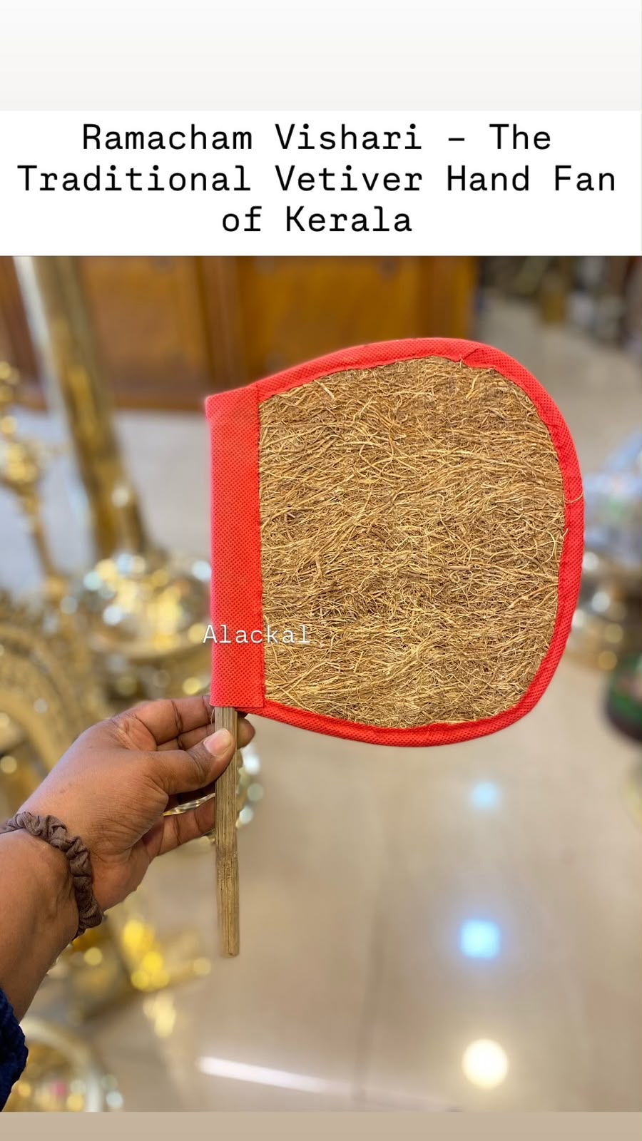 Handmade Ramacham (Vetiver Roots) Hand Fan by Alackal Bell Metals Mannar displayed with natural traditional craftsmanship