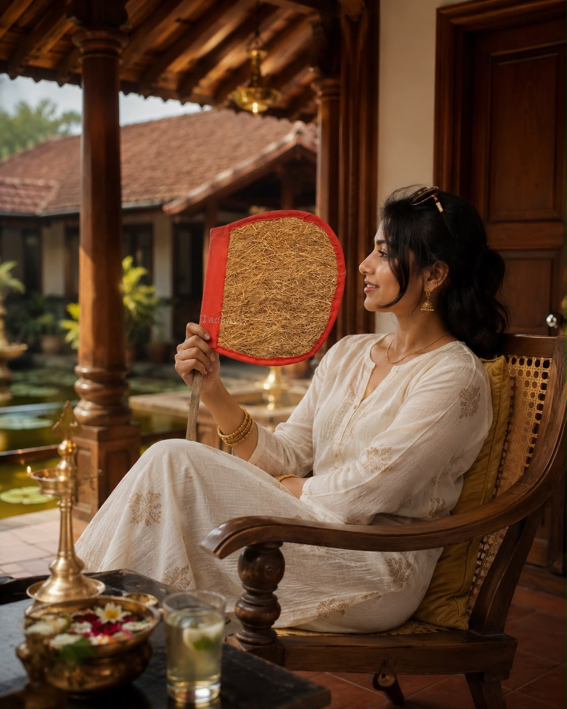 Natural Vetiver Roots cooling hand fan ideal for yoga retreats, heritage resorts, Ayurveda centres, and sustainable living