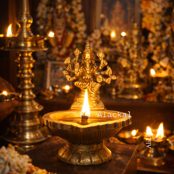 Handmade brass Varahi Amman diya oil lamp from Mannar Kerala used for Hindu temple rituals and home pooja