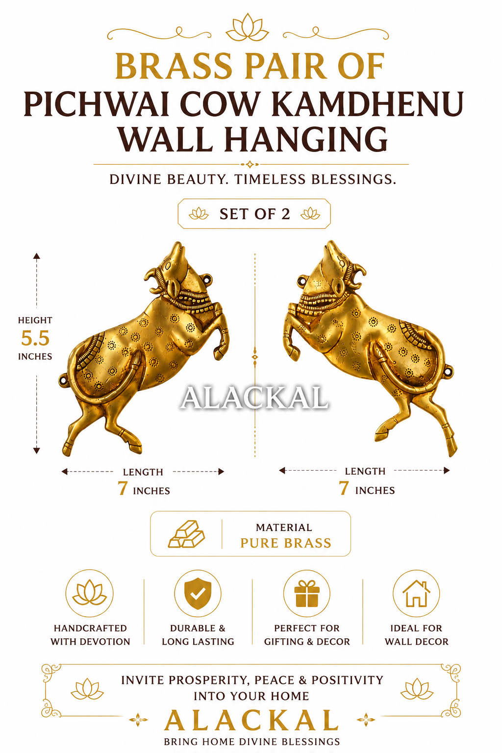 Handcrafted pure brass pair of Pichwai Cow Kamdhenu wall hanging décor set with intricate traditional Indian detailing on white background