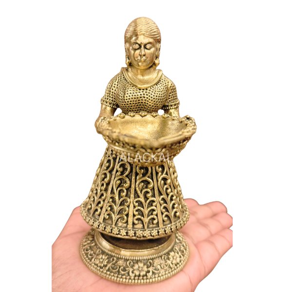 Authentic Mannar handcrafted brass lady lamp (Pavai Vilakku) for pooja and luxury home decor by Alackal Bell Metals