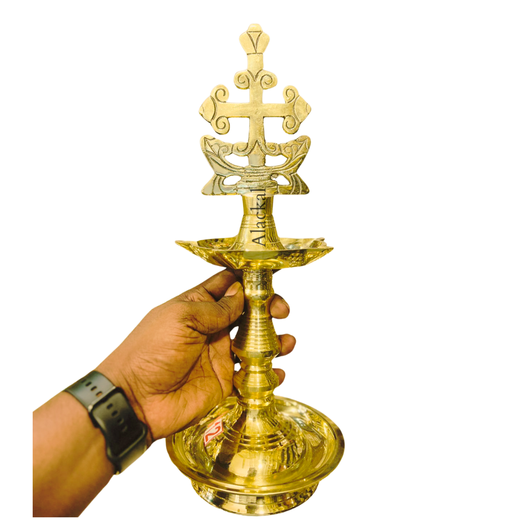 Brass handmade cross lamp (Kurishu Vilakku) with 5 wicks from Alackal Bell Metals Mannar