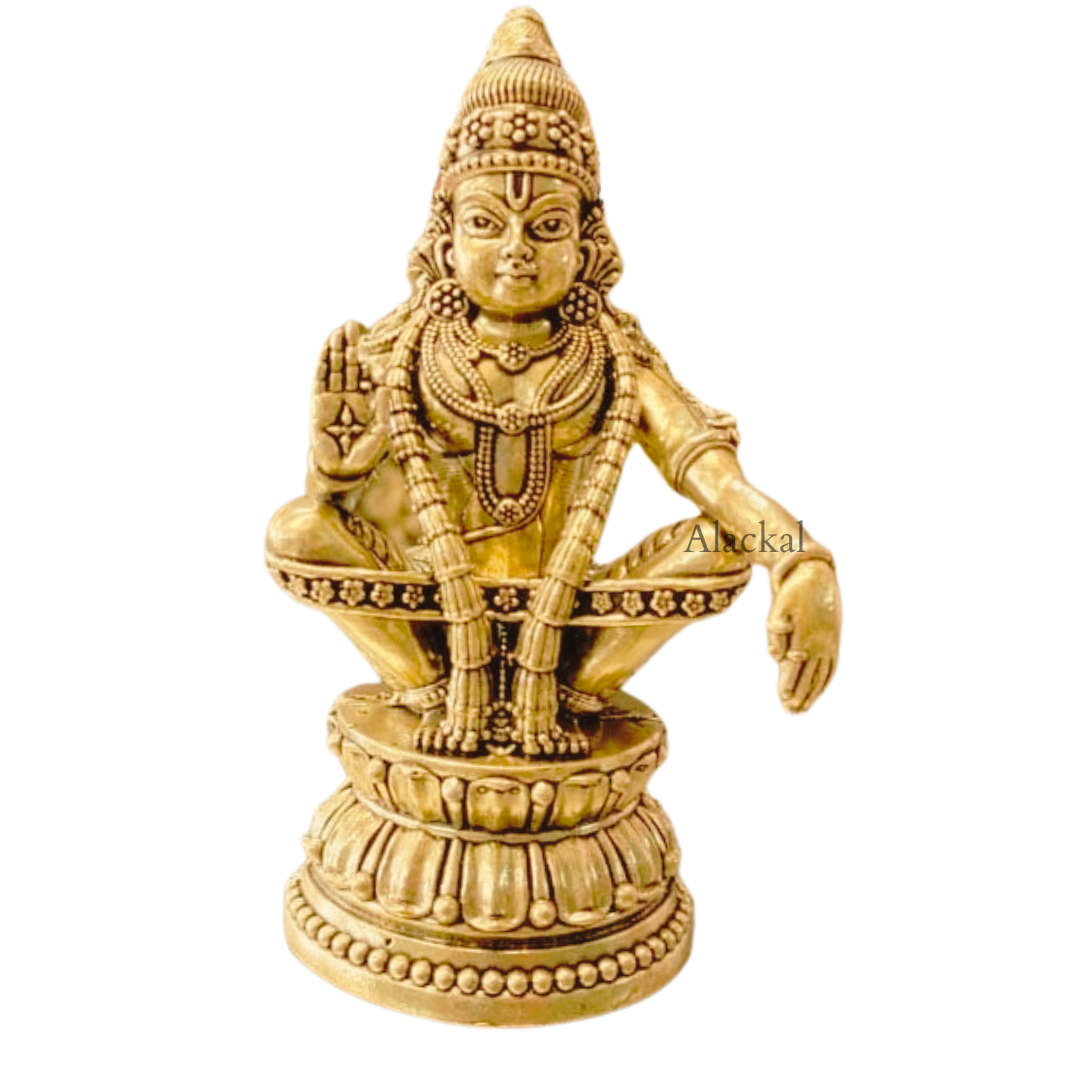 Handmade brass Swami Ayyappa idol in antique shade – lightweight statue for pooja room rituals from Alackal Bell Metals Mannar