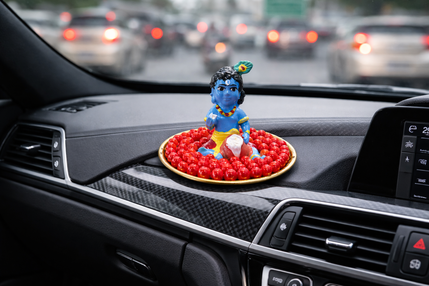 Baby Krishna Dashboard Idol with Manjadi Seeds – Traditional Kerala Car Dashboard Decor | Alackal Bell Metals Mannar