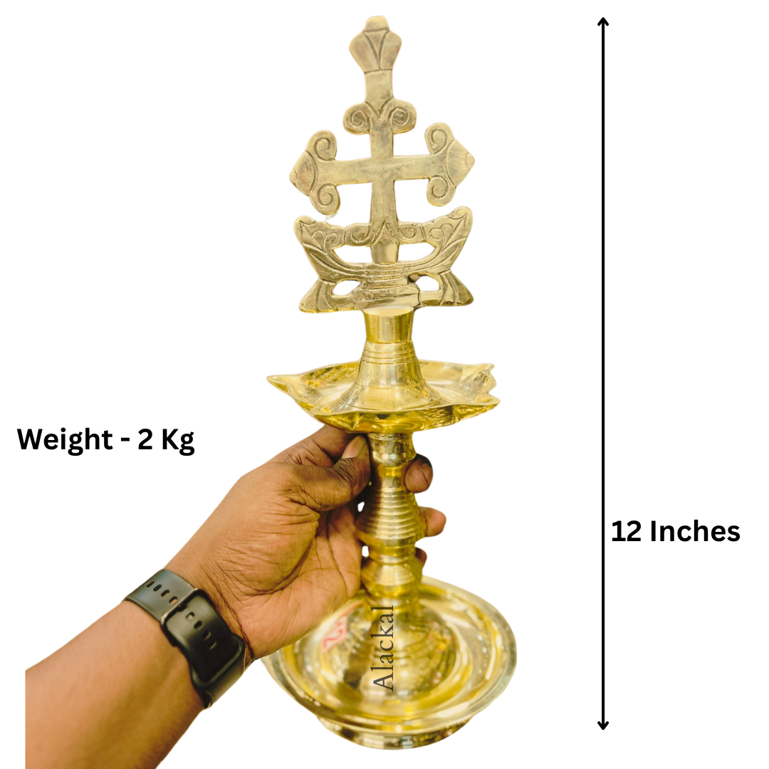 Brass handmade cross lamp (Kurishu Vilakku) with 5 wicks from Alackal Bell Metals Mannar”