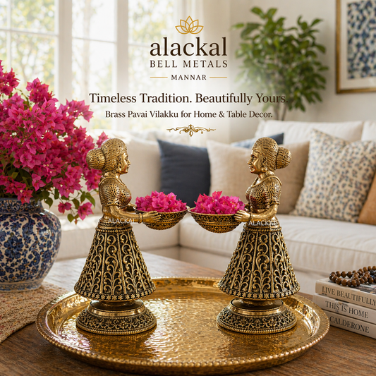 Handcrafted brass Pavai Vilakku lady lamp for home decor and pooja table styling in USA by Alackal Bell Metals Mannar Kerala India