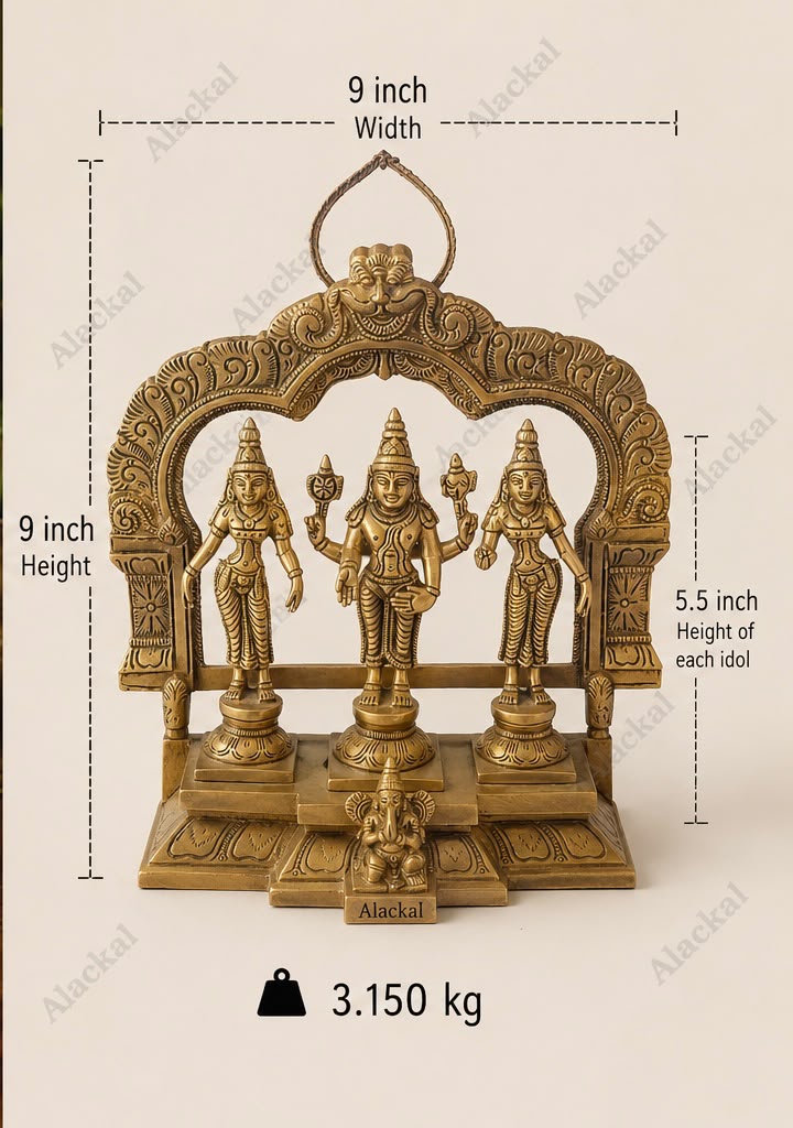 Lord Murugan (Kartikeya) with Valli & Deivanai Brass Idol | Handmade Hindu Divine Statue for Home Temple, Pooja & Gift