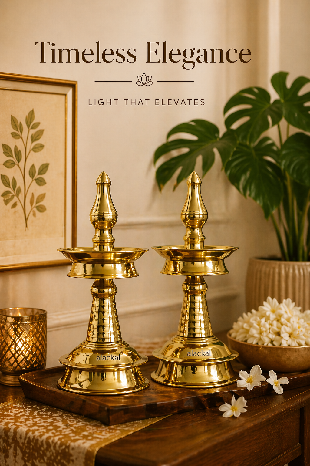 Pair of traditional Kerala brass oil lamps for home decor from alackal bell metals mannar