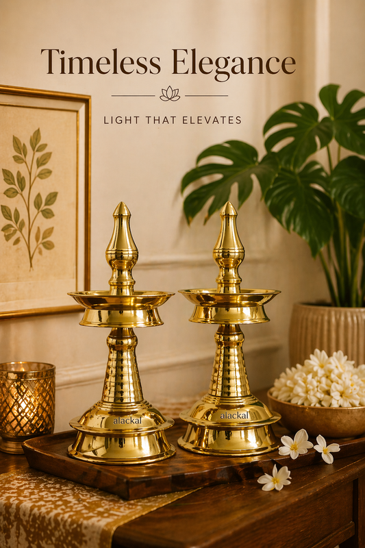 Pair of traditional Kerala brass oil lamps for home decor from alackal bell metals mannar