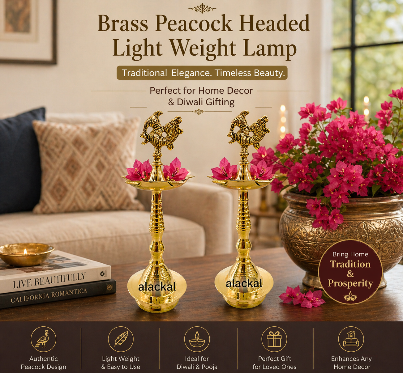 alackal bell metals - mannar - brass mahabharata vilakku - peacock headed lamp pair for gifting  - usa, canada - uk, australia