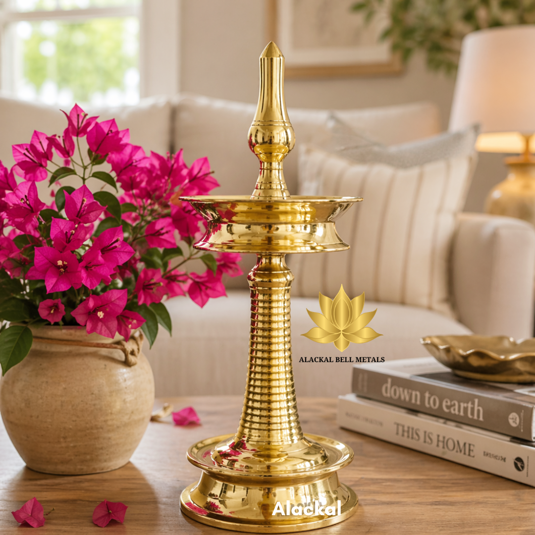 Luxury brass nilavilakku lamp for home decor in USA living room, Indian temple oil lamp with bougainvillea flowers, elegant handcrafted brass decor