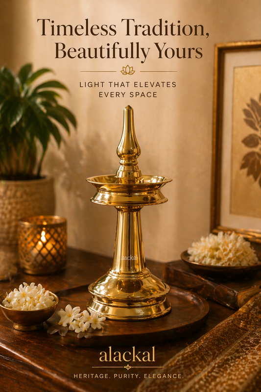 Handmade brass nilavilakku lamp for home decor and pooja from Alackal Bell Metals