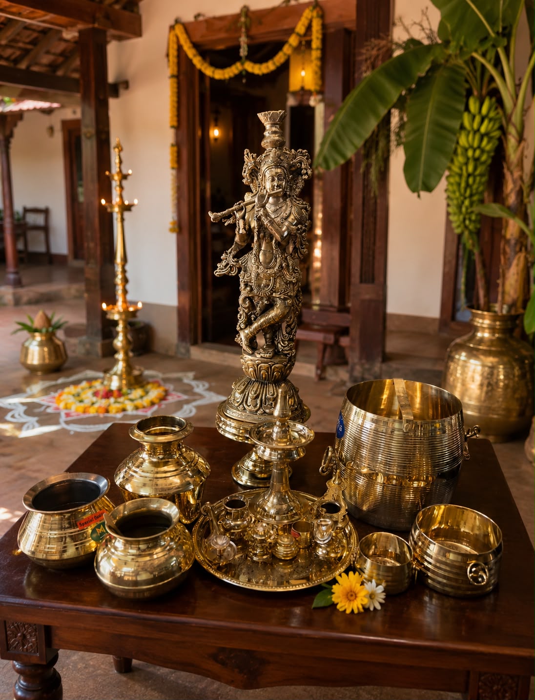 Brass House Warming Full Set with 14 Inch Sree Krishna Idol, Brass Nirapara, Changazhi Naazhi, Kalash Pot, Ganapathy Vilakku, Kindi, Kumkum Box, Ashtamangalya Vilakku and Traditional Kerala Brass Pooja Collection by Alackal Bell Metals Mannar.