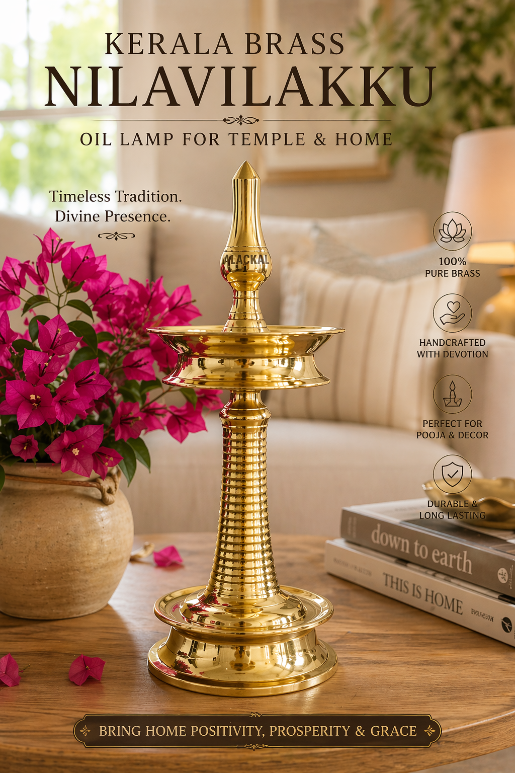 Traditional Kerala brass nilavilakku oil lamp for pooja and temple decor, styled in a modern American living room with floral decoration, handcrafted by Alackal Bell Metals