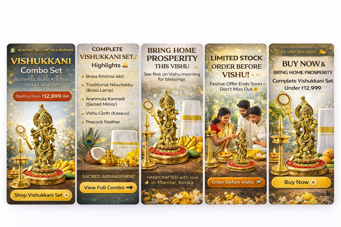 Vishukkani Combo Set – Brass Uruli, Nilavilakku, Aranmula Kannadi & Krishna Idol | Alackal Bell Metals Mannar