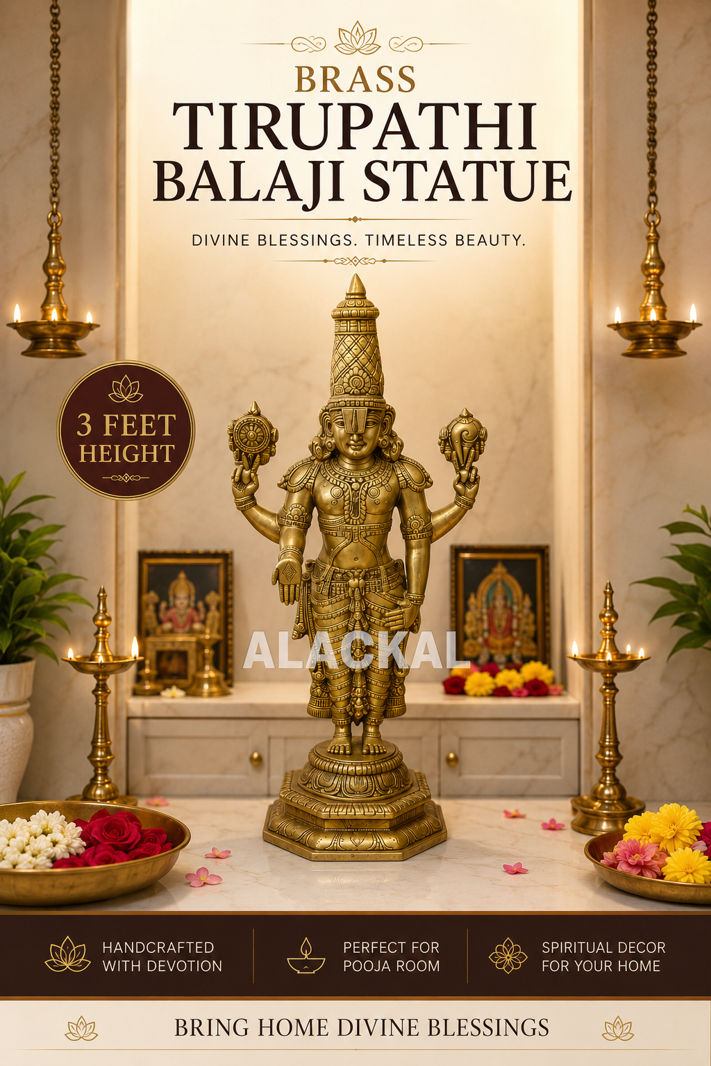 3 feet handmade brass Tirupathi Balaji statue placed in a luxury pooja room with flowers and traditional lamps