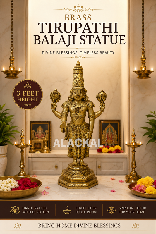 3 feet handmade brass Tirupathi Balaji statue placed in a luxury pooja room with flowers and traditional lamps