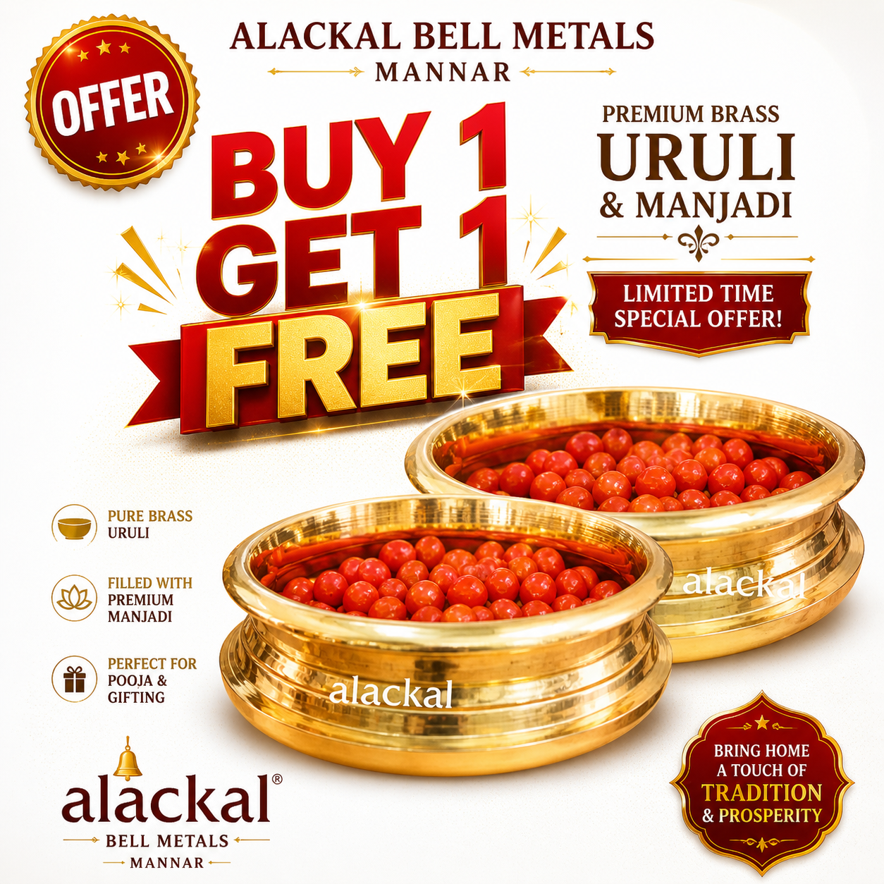 Handcrafted brass uruli filled with red manjadi seeds for traditional Indian pooja decor and home styling, buy one get one free offer by Alackal Bell Metals