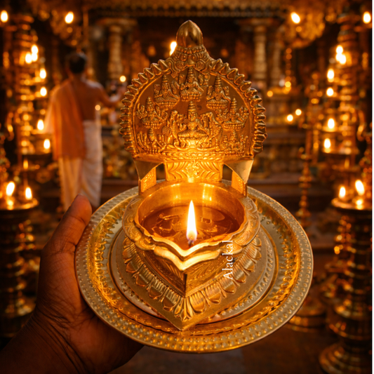 Brass Ashtalakshmi Vilakku | Traditional Diya Oil Lamp with Brass Thalam Plate | Pooja Room Decor, Hindu Wedding, Temple Rituals – Alackal Bell Metals Mannar