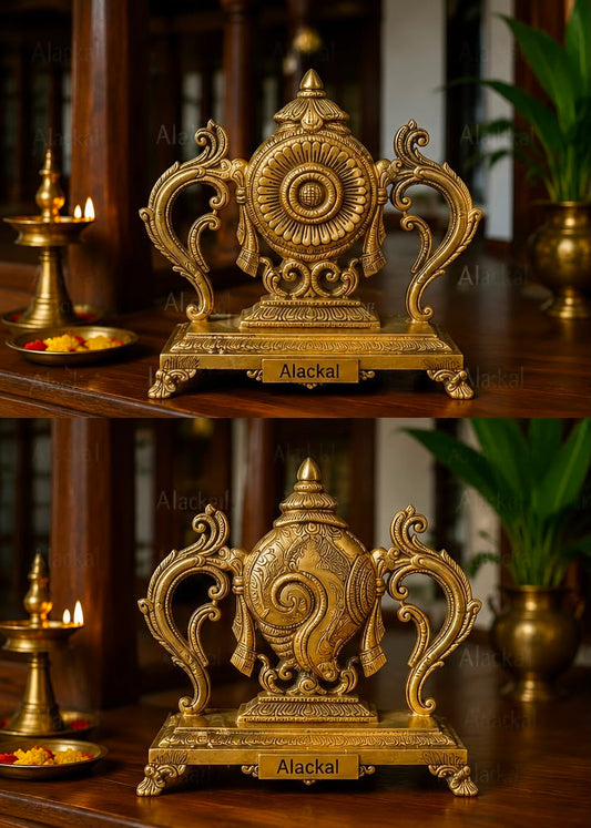 Handcrafted brass Shankh and Sudarshana Chakra standing statue pair with decorative chowki for Lord Vishnu pooja, home temple, Hindu rituals, and spiritual décor.