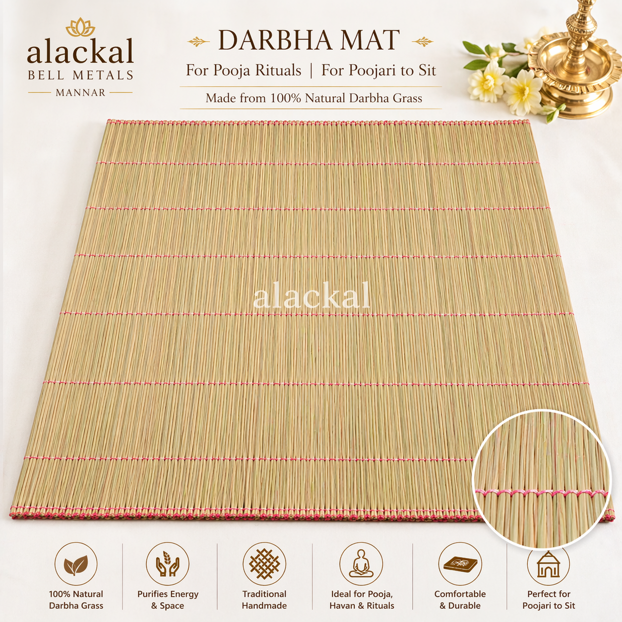 Natural darbha mat for pooja rituals and poojari seating made from sacred darbha grass by Alackal Bell Metals Mannar