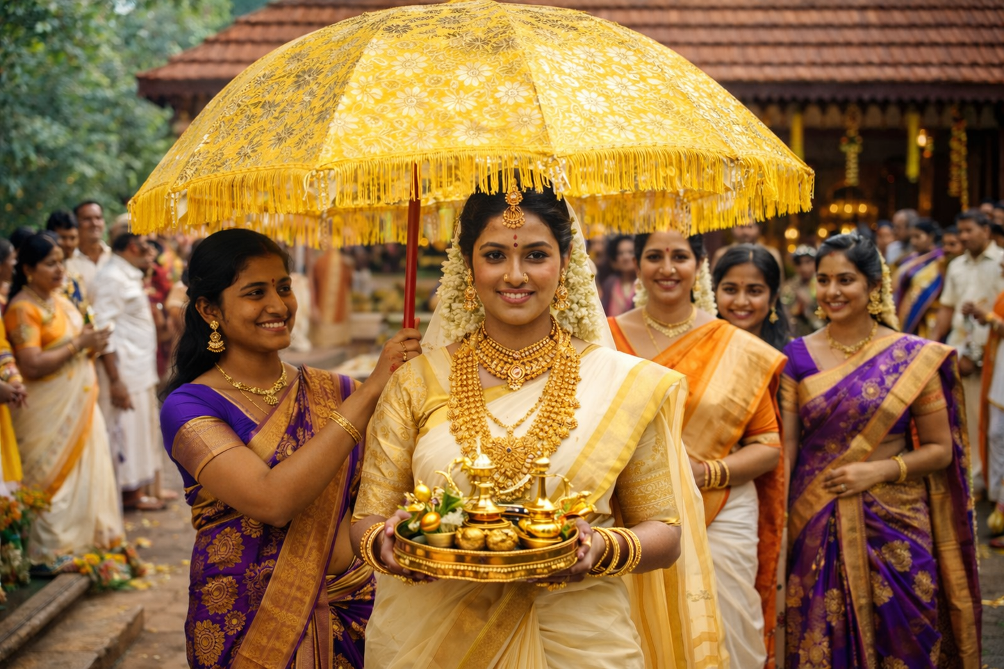 Kerala Traditional Muthukuda – Handcrafted Yellow Decorative Umbrella | Made by Alackal Bell Metals, Mannar