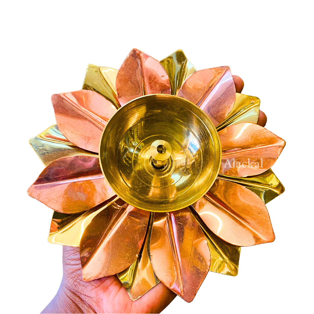 Lotus diya with brass petals and copper petals – Alackal Bell Metals