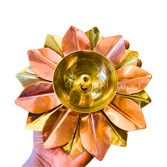 Lotus diya with brass petals and copper petals – Alackal Bell Metals