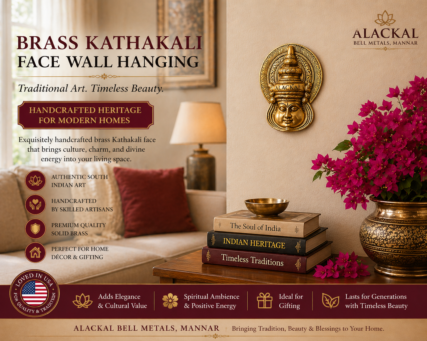 Brass Kathakali face wall hanging Kerala traditional wall decor from Alackal Bell Metals Mannar placed in modern living room with bougainvillea flowers